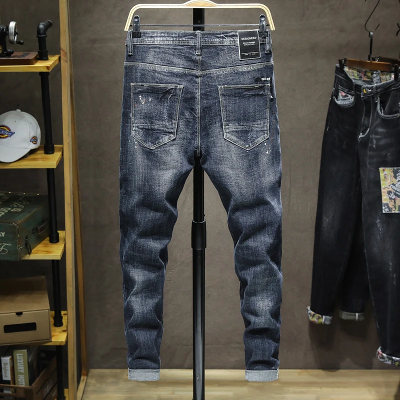 Джинсы мужские с принтом облегающие эластичные синие штаны в стиле хип-хоп