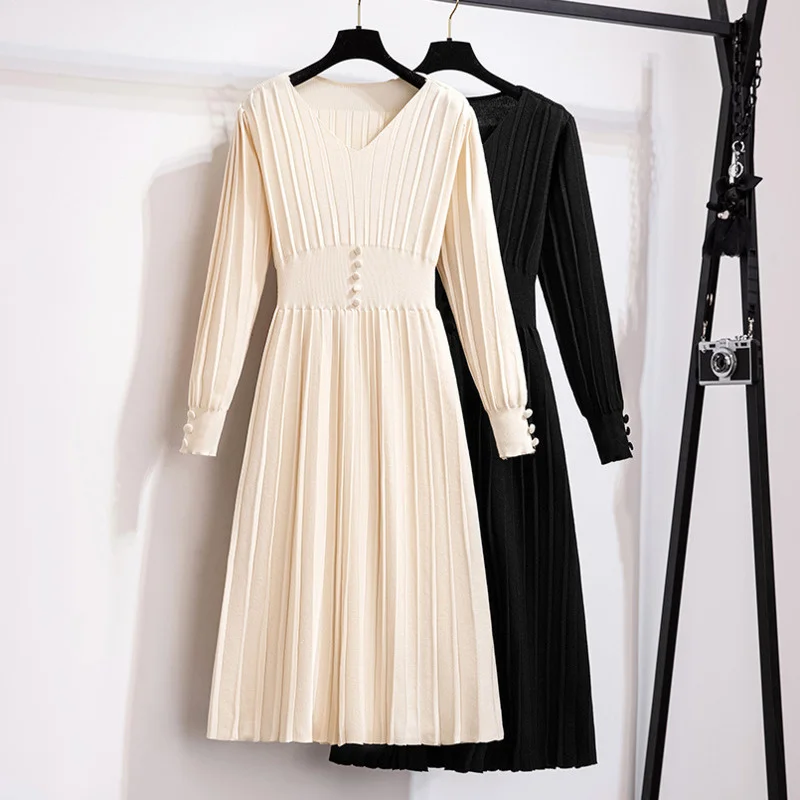 

High Quality Korean Women Casual Long Sleeve Vintage Elegant Sweater Dress Female 2021 Spring One-piece Long Knitting Dress Robe