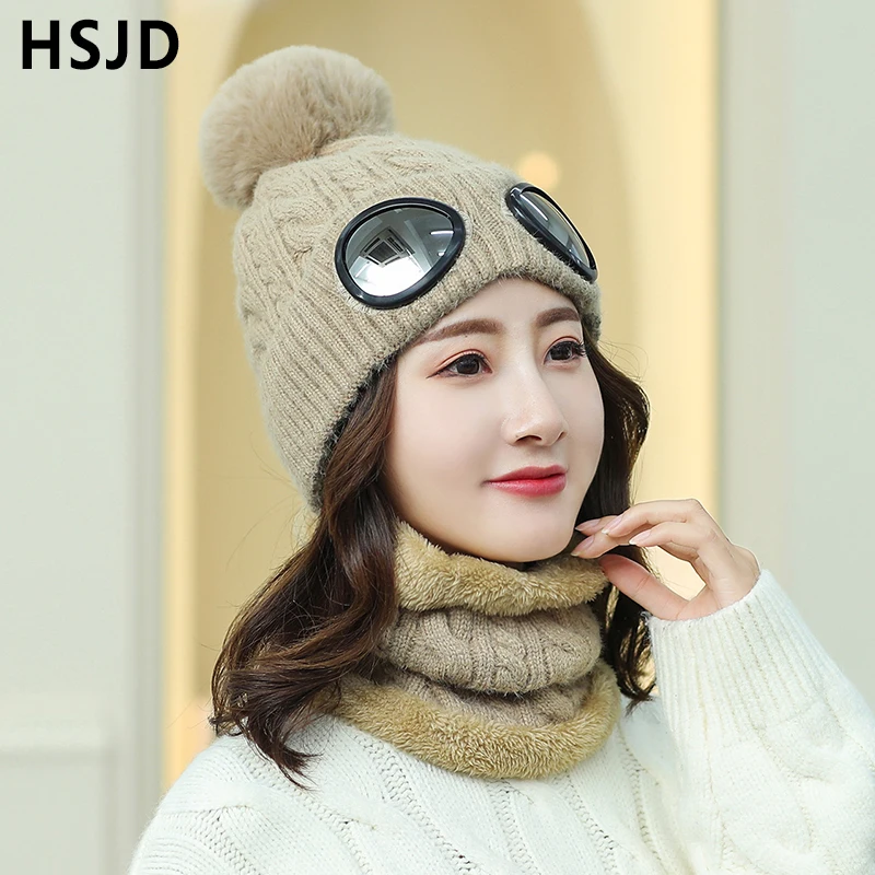 

Winter Women Ski Cap Beanie Hat Warm Plush Lining Knitted Hats Scarf 2Pcs Set Outdoor Windproof Female Scarf Caps Bonnets Gorro