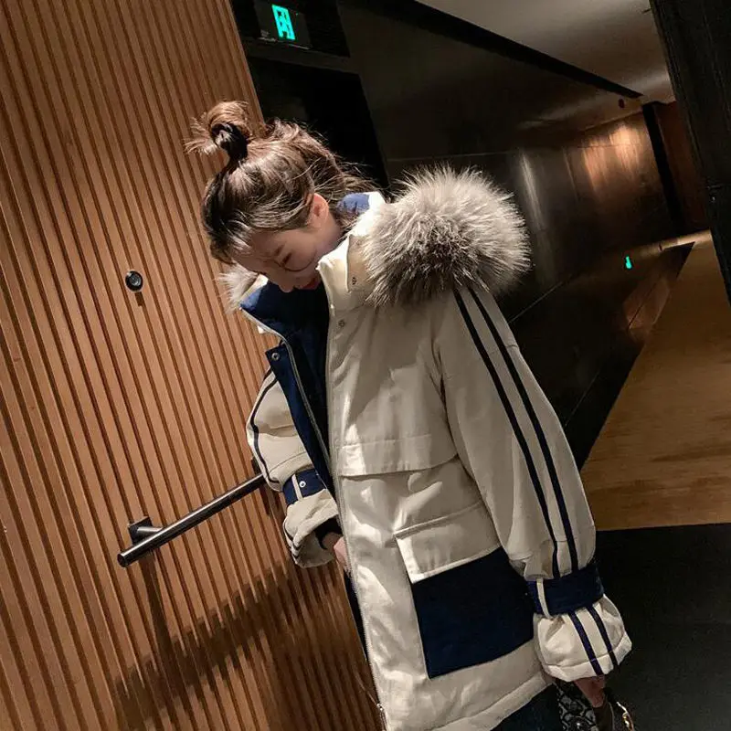 

Luck A Winter Women Hooded ParkaS Coat Vintage Fashion Fur Collar Warm Cotton Down Jacket Female Loose Thicken Winter Outwears