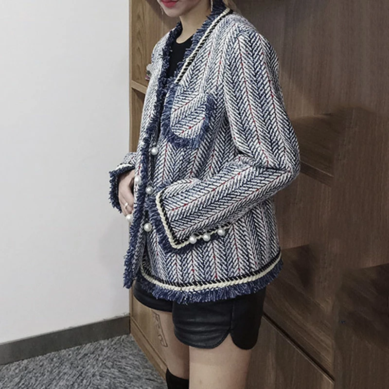 

SeeBeautiful в полоску повседневные свободные Блейзер Пальто зубчатый одежда с длинными рукавами, карманами и двубортное пальто новая мода весна...