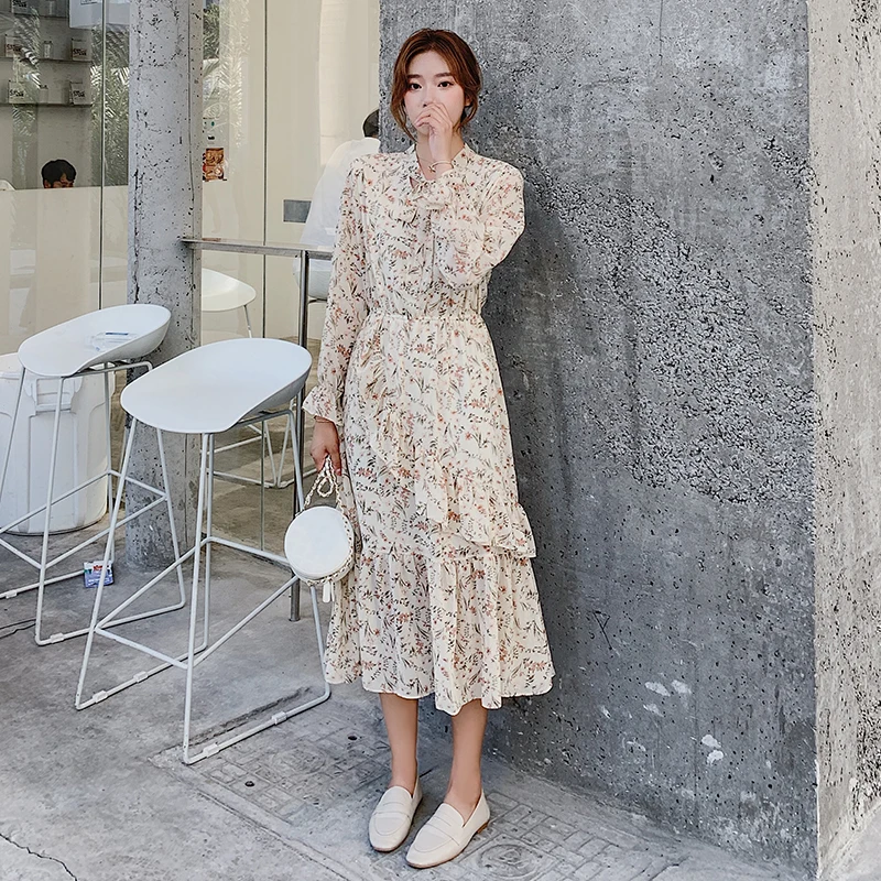 Женское платье макси элегантное шифоновое с цветочным рисунком осеннее бантом