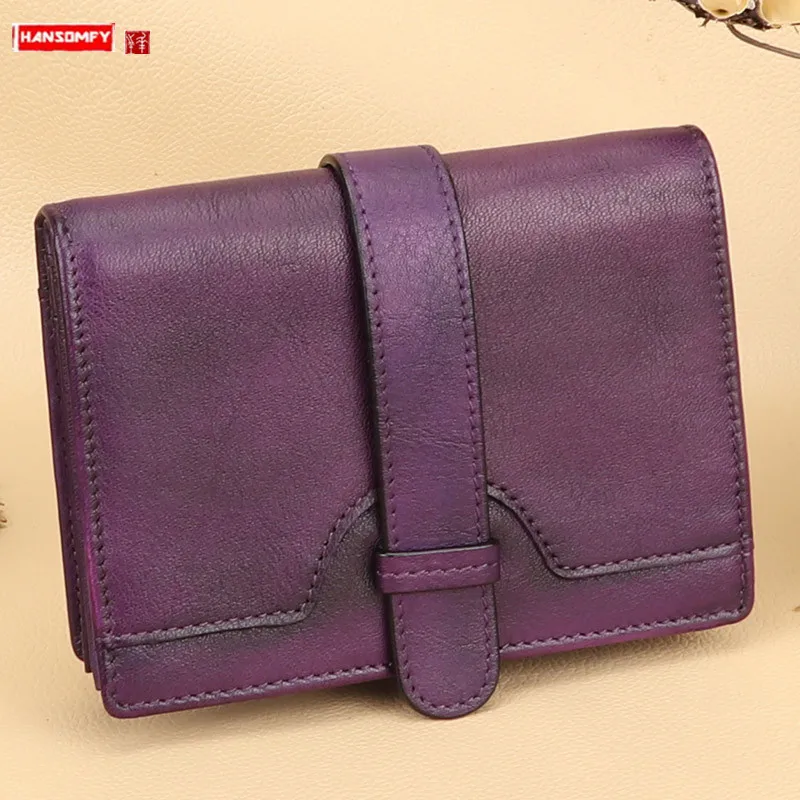 

Retro ladies handmade first layer cowhide Women short wallet female leather small purses card bag thin anti-theft brush
