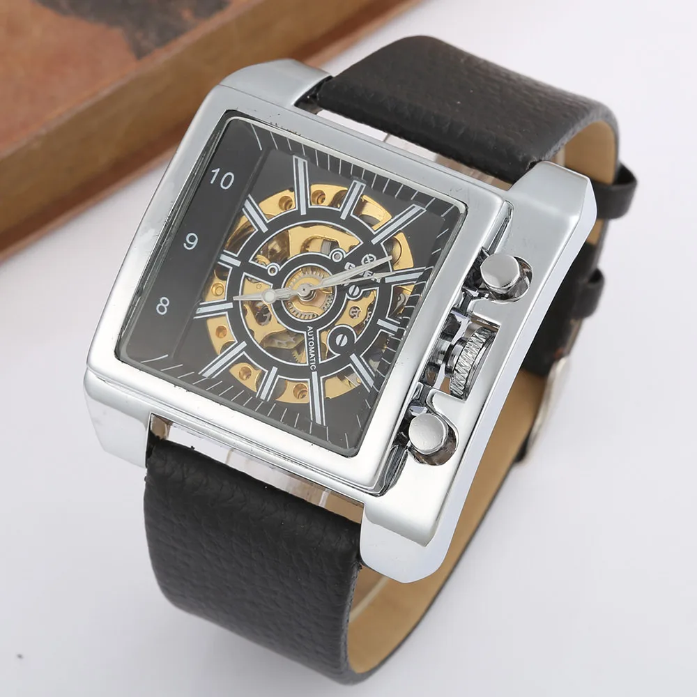 

New 2020 Luxury Gold Square Mechanical Wristwatches Men Automatic Self-wind Skeleton Watches Men Sports Big Watches Leather Band