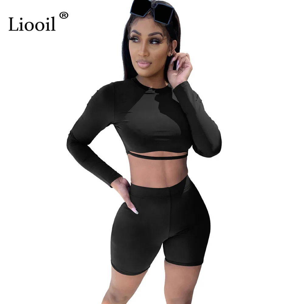 

Liooil черно-белый комплект из двух предметов, сексуальные короткие футболки и велосипедные шорты, спортивный костюм с длинным рукавом и кругл...