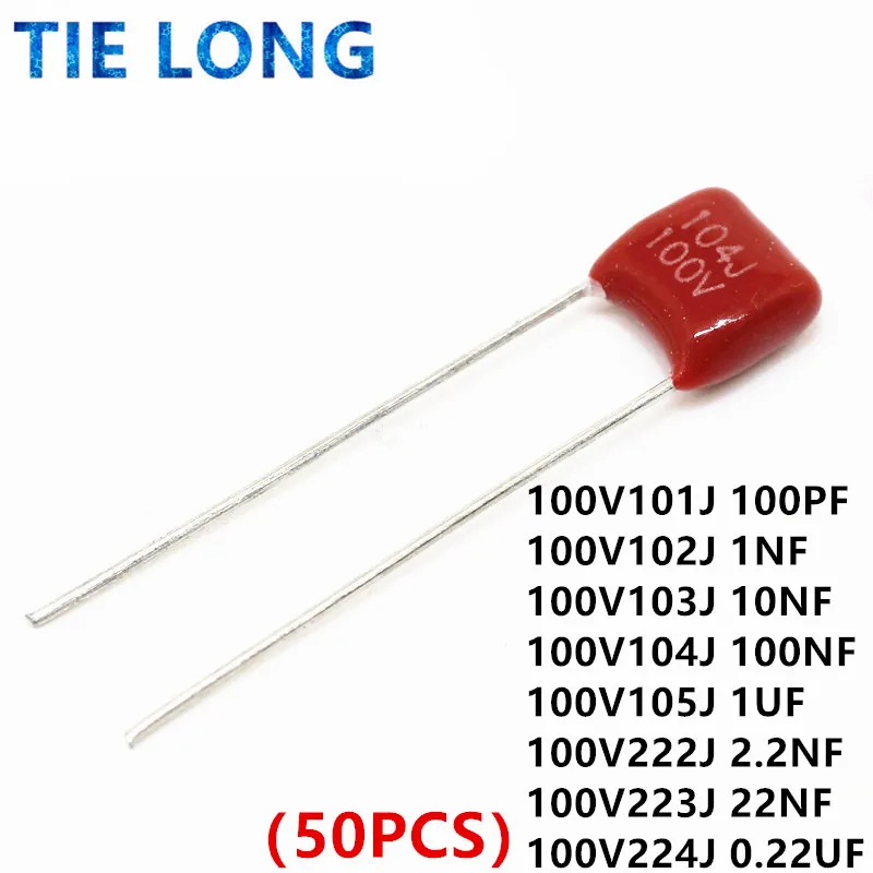100 шт. 100 в 101J 102J 103J 104J 105J 222J 223J 472J 473J 221 0,01 UF 0,1 uF 1UF 1NF 2.2NF 4.7NF 10NF 100PF P = 5 мм CBB конденсаторы P5
