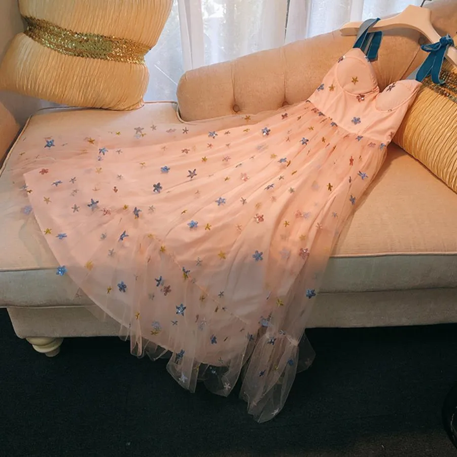 

Women Mesh Maxi spaghetti strap Dress Summer Sequined Embroidery High Waist Slip long Dress