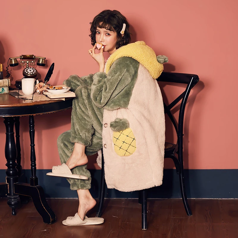 Зимняя женская пижама с капюшоном толстая фланелевая теплая длинным рукавом