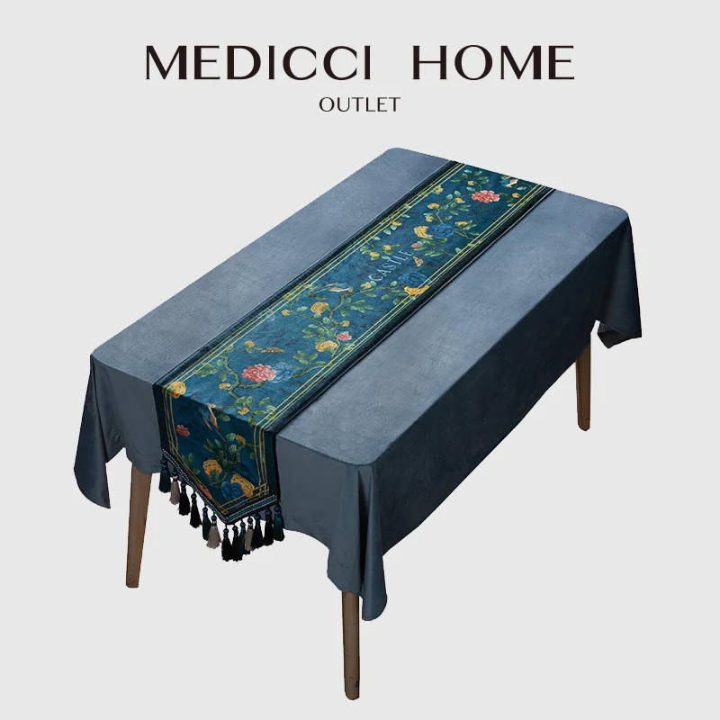 

Medicci Home Handcrafted Table Runners Chinoiserie Chinese Feature Elegant Tapestry Velvet Teal Tablecloth Dining Mats Trop Chic