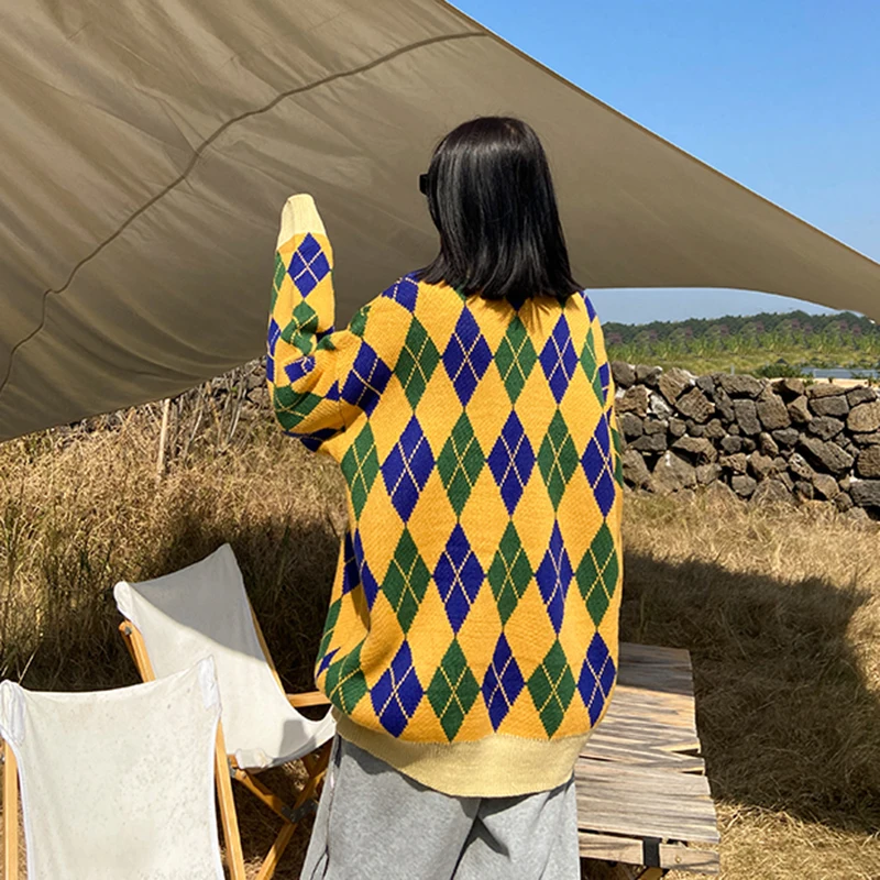 

Pattern Contrast Argyle Color Knitting Turtleneck Sweater Big Size Long Sleeve Women New Fashion Autumn Winter 2021 1DD324