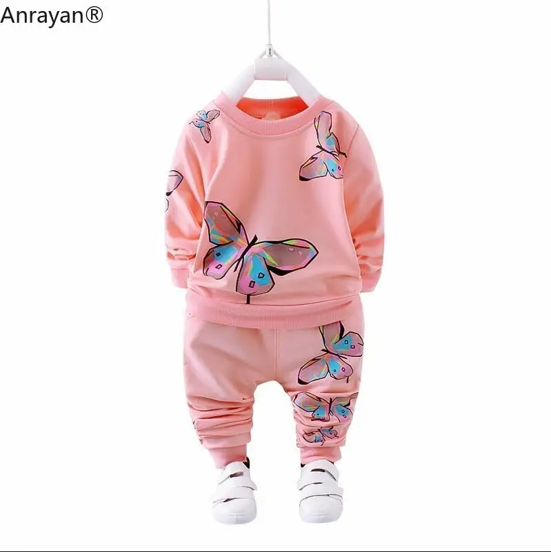 

Одежда для девочек на весну и осень, повседневная одежда для малышей, Детский костюм, свитшоты с мультяшными бабочками, спортивные детские комплекты с длинными рукавами