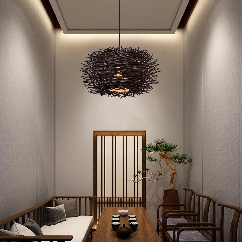 

Nordic Handmade Rattan Wicker Wood Bird Nest Pendant Lamp Creative Hotel Restaurant Cafe Living Room Suspension Lighting