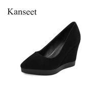 kanseet wedges platform shoes 2021 women pumps pointed toe genuine leather spring autumn high heels working black female shoes