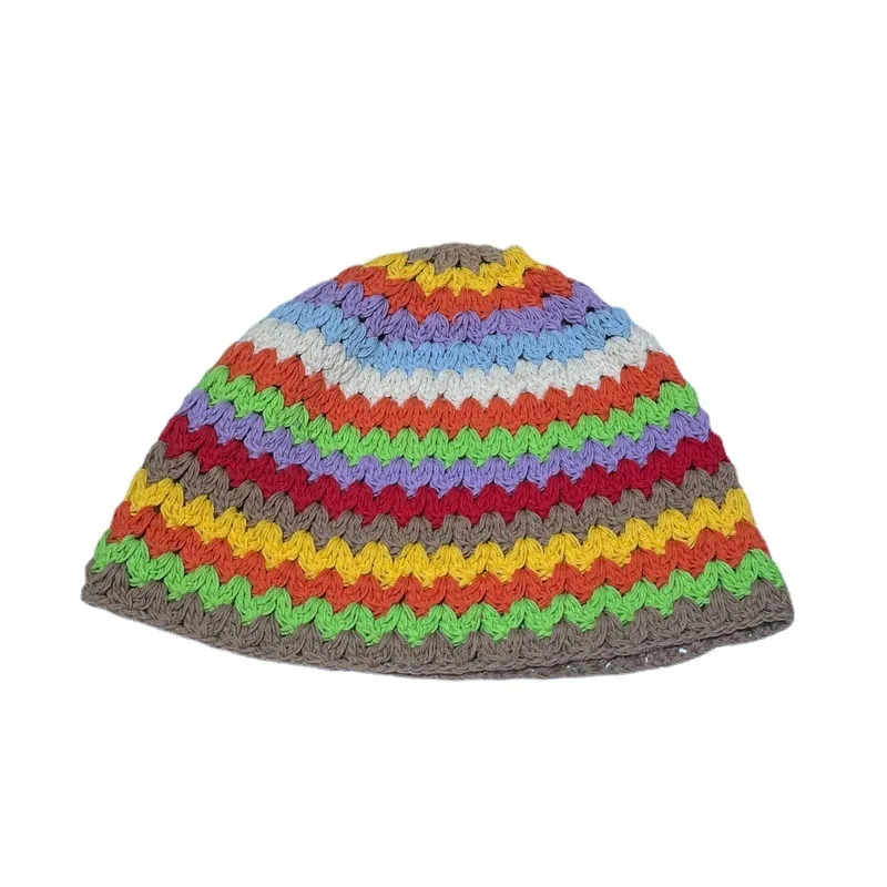 

Women Hollow Flower Knitted Fisherman Hat Handmade Crochet Rainbow Color Matching Basin Hat Spring Summer Sunscreen Sun Gorro