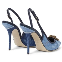 women blue denim gladiator pumps luxury crystal pointed toe buckle ankle strap thin high heeled party wedding shoes