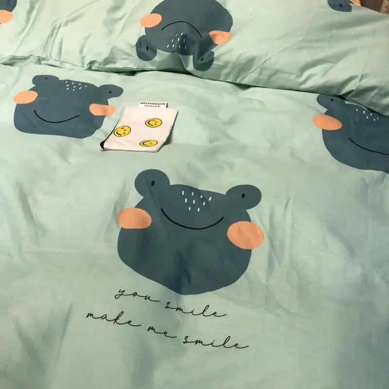 Cute pet frog Bedding Set cotton Bed cyan Linen Twin Queen King Size Sheet Double sided Duvet Cover | Дом и сад