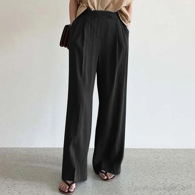 

Oversized Women Autumn Trousers ZANZEA 2021 Stylish Solid Straight Pants Casual Front Zip Long Pantalon Palazzo Female Turnip