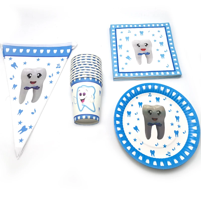 

Baby Shower Blue First Tooth Theme Tableware Set Girl Favors Banner Napkins Decorate Flags Birthday Party Cups Plates 80pcs/lot