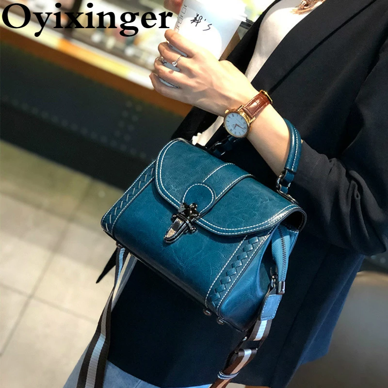 Oyixinger Women's Handbag Oil Wax Leather Bag For Women 2022 New Hand Woven Shoulder Bags Fashion Casual Messenger Bags Female
