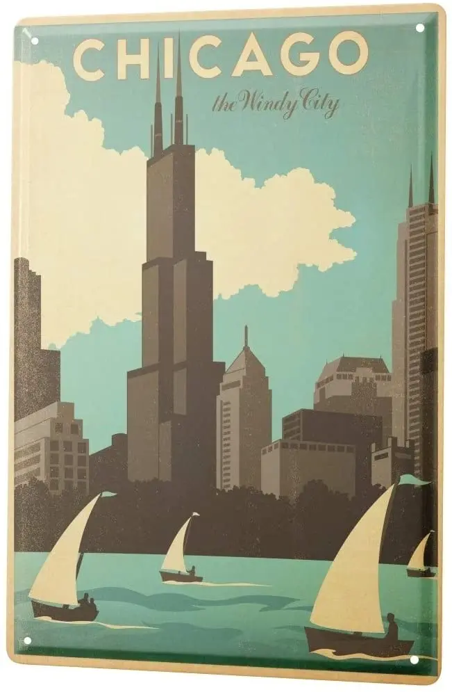 

SINCE 2004 Tin Sign Metal Plate Decorative Sign Home Decor Plaques Deco City Chicago Skyline Sailboats 8X12