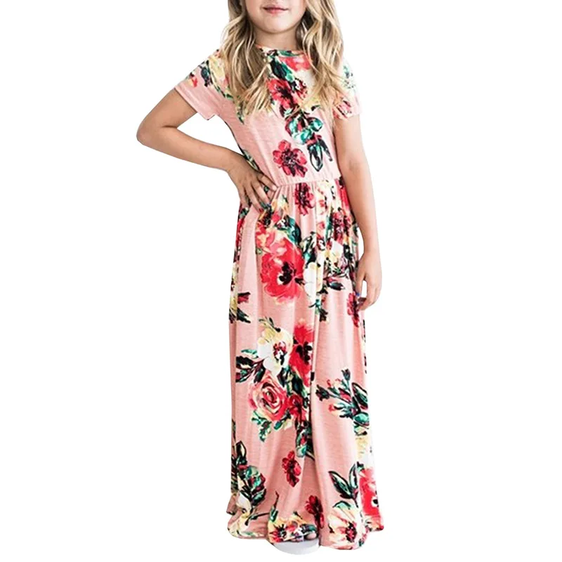Dress for Girls Robe Fille Hot Short Sleeve Flower Print Children Long Teen Girl Elegent Beach Summer 2019 | Детская одежда и