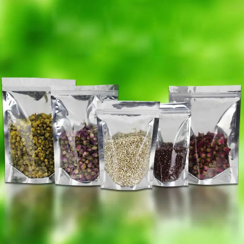 

100Pcs/lot Clear Aluminium Foil Zip Lock Bag Silvery Metallic Plastic Packaging Pouch for Food Tea bag