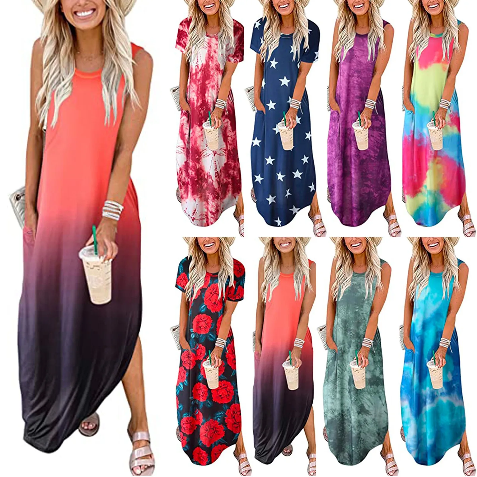 

Gradient Pocket Women's Dress O-neck Sleeveless Tank Dress Long Split Vest Street Style Casual Women Dresses Vestidos De Mujer