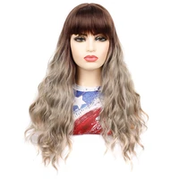 jeedou synthetic long wavy gray brown omber color hair wig whit bangs womean girls wigs