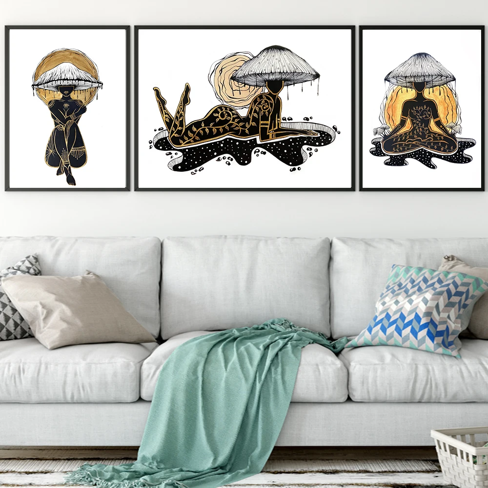 

Abstract Canvas Poster Mushroom With Sexy Woman YOGI Painting Print Vintage Wall Pictures for Living Room Decoration Home Decor