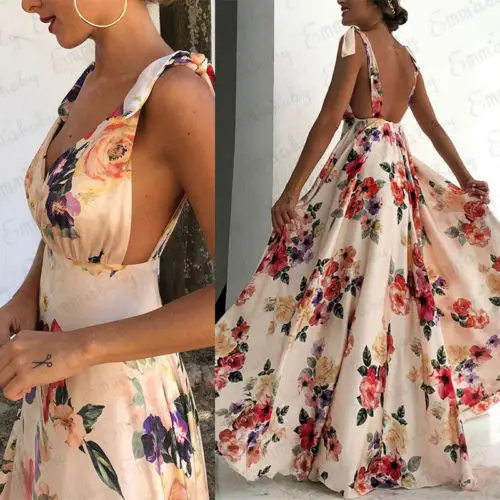 

Summer Newly Ladies V Neck Sundress Sexy Long Dress Backless Evening Party Printed Travel Beach Dresses