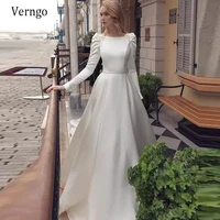 verngo 2021 latest ivory satin wedding dress long sleeves scoop neck simple bride gowns backless elegant bridal dress custom