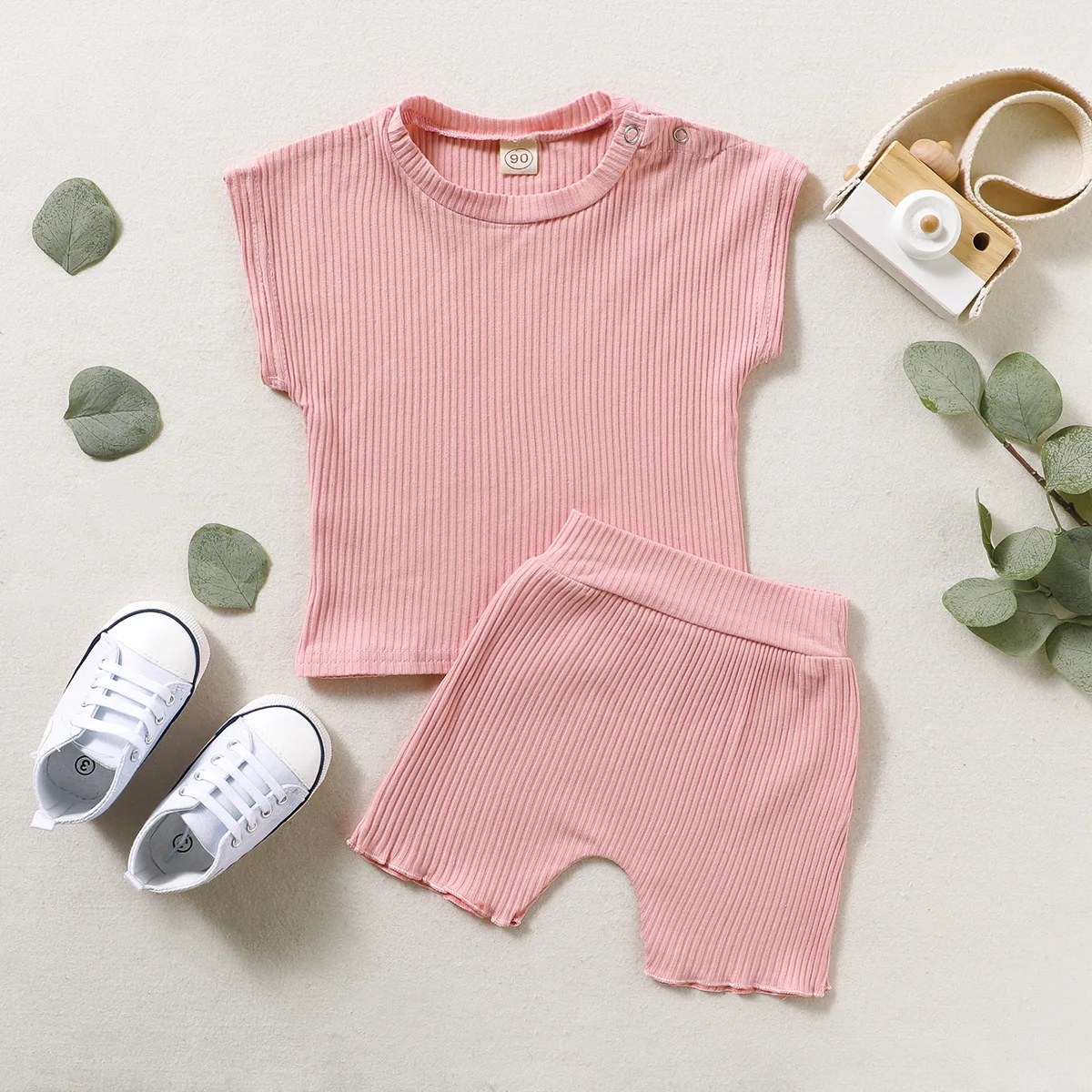 

Children Girls Summer Clothes Solid Plain Knitted Baby Girls Outfits Ribbed Knotted Sleeveless Top Shorts Clothes Set