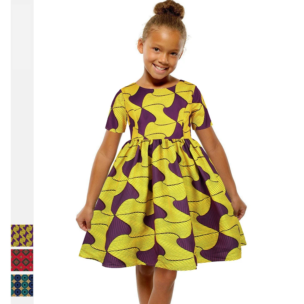 

2020NEW Summer African Dashiki Bazin Maxi Dress For Kid Girl Floral Vestidos Kanga Flower Print Short Sleeve Round Neck Clothing