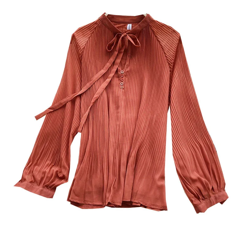 

Big Lantern Sleeve Pleated Blouse Women Pullover Bow Collar Shirts Office Work Solid Vintage Summer Chiffon Tops