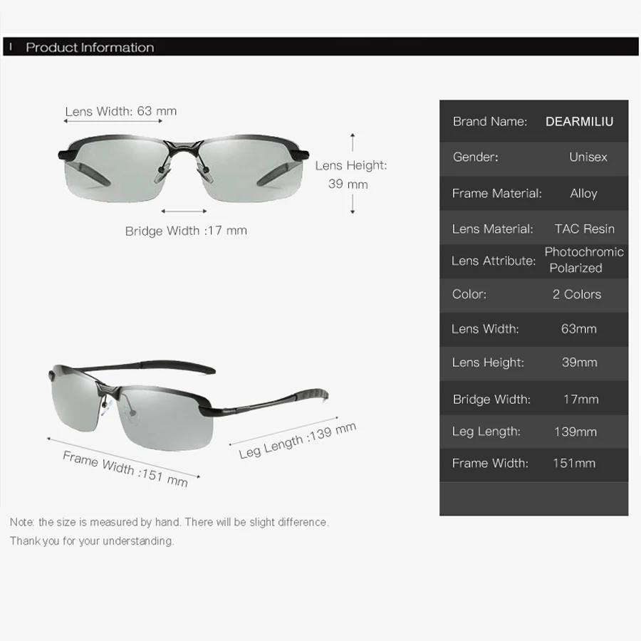 Мужские солнцезащитные очки без оправы DEARMILIU с фотохромными поляризационными