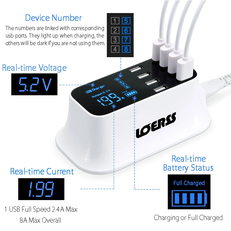 Быстрое зарядное устройство с 8 портами и светодиодным дисплеем 3 0 USB-зарядное для