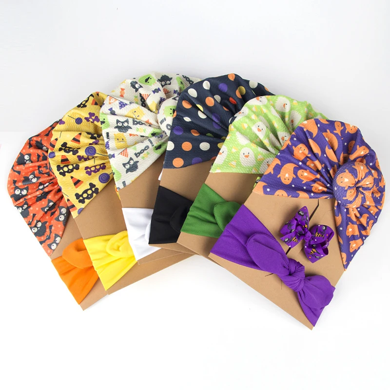 

Boy Girl Indian Turban Printed Bowknot Rabbit Ears Three-piece Paper Card Set Halloween Hood Baby Accessories Soft Cap