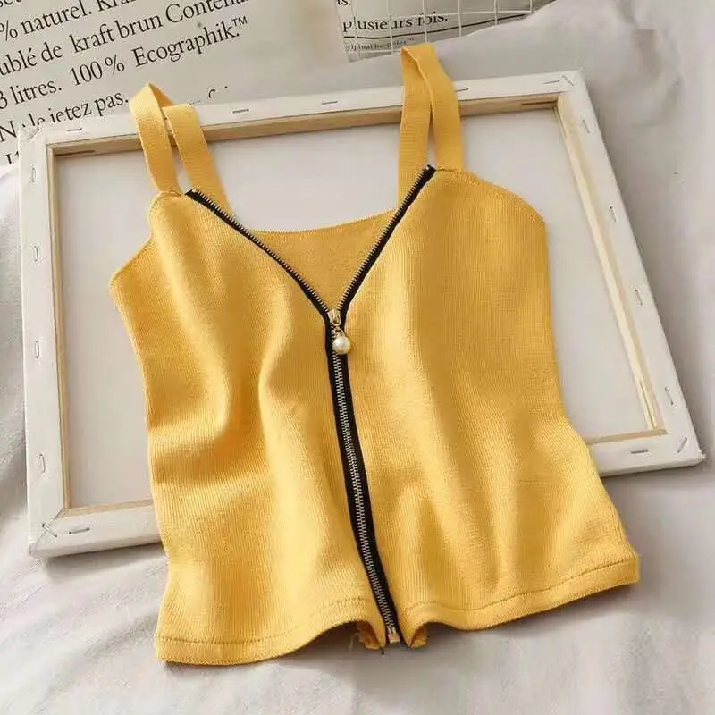

Short Pearl Zip Sweater Vest Strap 2021 Summer Women's Casual Crop Top Camisole Top