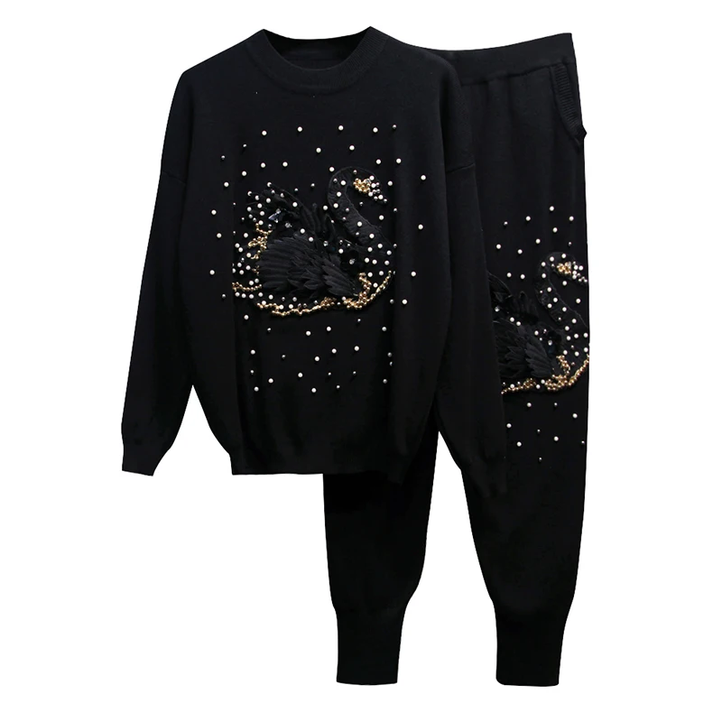 

HIGH STREET New Stylish 2021 Runway Suit Set Women's Goose Beaded Pullover Sweater Casual Knitting Pants Set