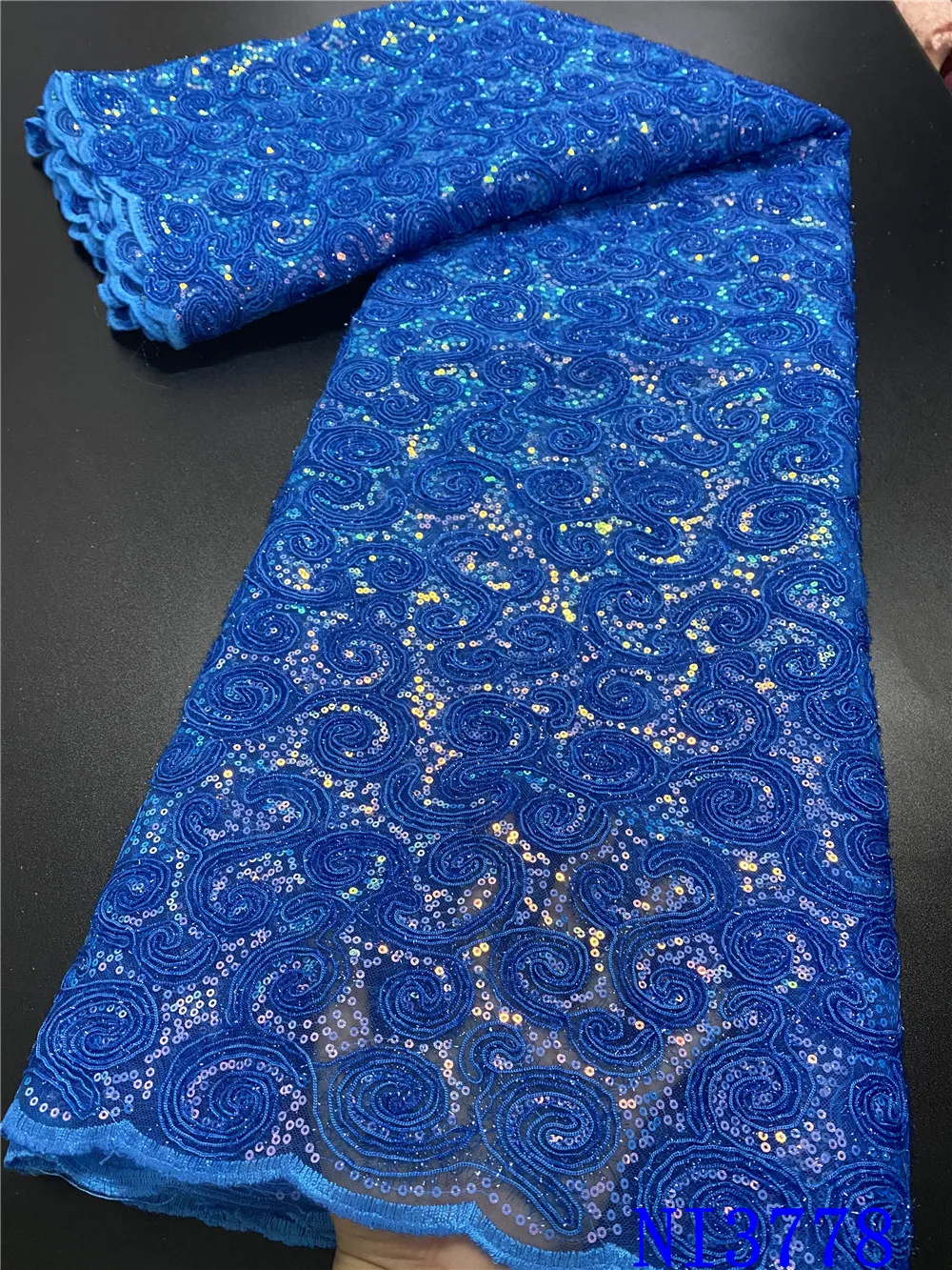 

Blue High Quality African Lace Fabric 3D Flowers With Sequins Tulle Lace Fabric New Design Nigerian Tulle Lace Fabric NI3427