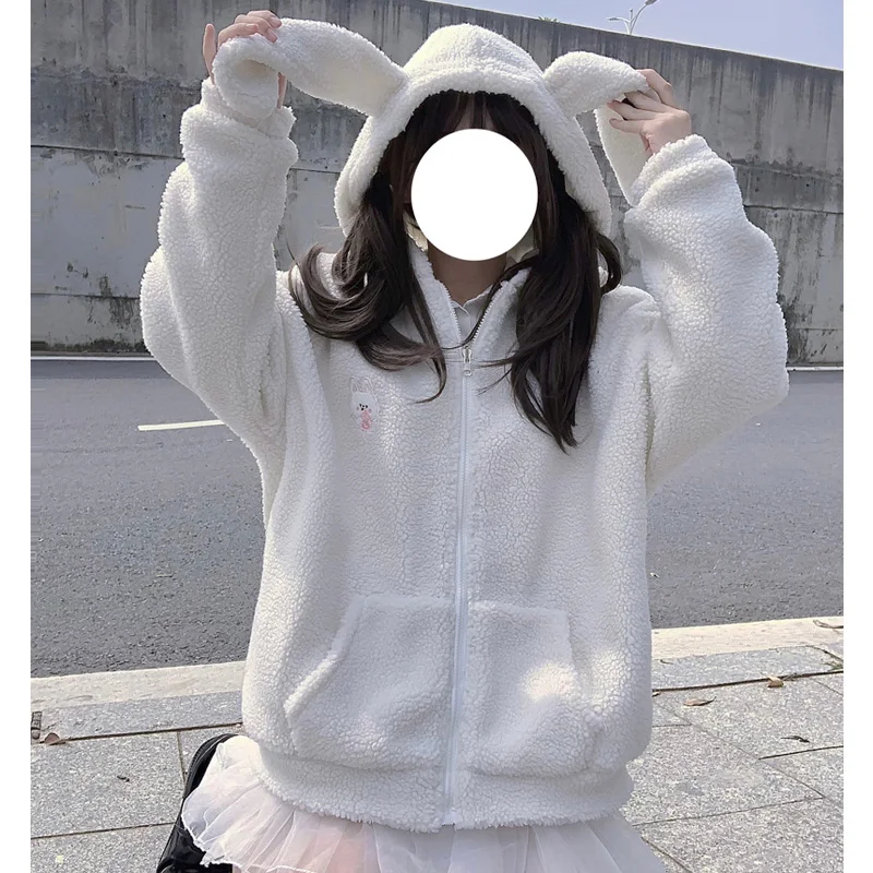 Japanese Sweet Loli Girly Winter Coat Kawaii Rabbit Ear Hooded Cute Lambswool Full Sleeve Zipper Keep Outerweat Y2k Women Jacket