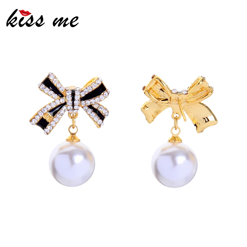 

kissme Delicate Crystal Black Enamel Bowknot Acrylic Pearl Drop Earrings For Women Gold Color Brass Earrings New Fashion Jewelry
