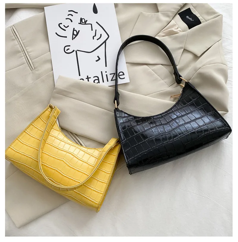 

2021 New Women Fashion Exquisite Shopping Bag Retro Crocodile Pattern Totes Shoulder Bags Female Leather Solid Color Handbag