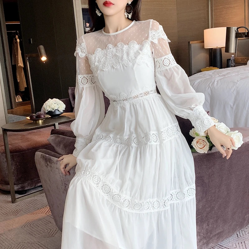 

2020 Autumn Lace Splicing Dresses Women New Fashion Solid Long Sleeve O-Neck Female Elegant party Dress