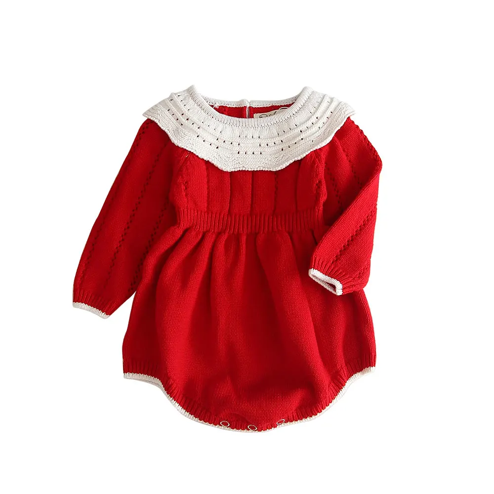 

Newborn Baby Girls Long Sleeve Round Neck Vintage Christmas Knitted Romper Wool Sweater Infants Solid Color Ruffle Knit Jumpsuit
