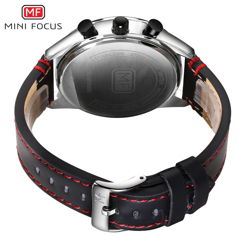 

MINIFOCUS Men Watch Top Luxury Brand Genuine Leather Chronograph Quartz Male Watches Multifunction Calendar Display Clock