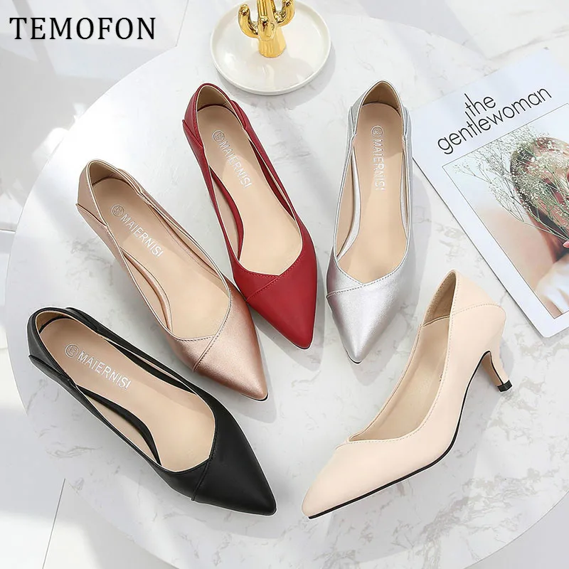 Женские офисные туфли TEMOFON серебристые и черные кожаные лодочки на тонком