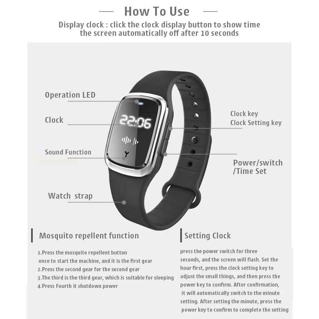 

Anti Mosquito Insect Watch Ultrasonic Mosquito Repellent LED Bracelet Pest Bug Repeller Wristband Indoor Outdoor Camping Fishing