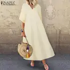 Платье ZANZEA женское винтажное однотонное с рукавом 2021, повседневный длинный сарафан из хлопка и льна, весна 34