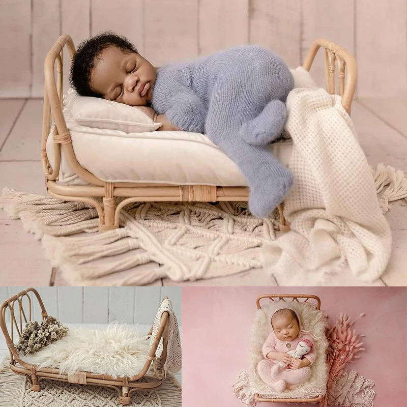 2021 Handmade Retro Woven Rattan Bed Portable Props Newborn Photography Accessories for Bebe Photo Studio Baby Shoot Posing Prop